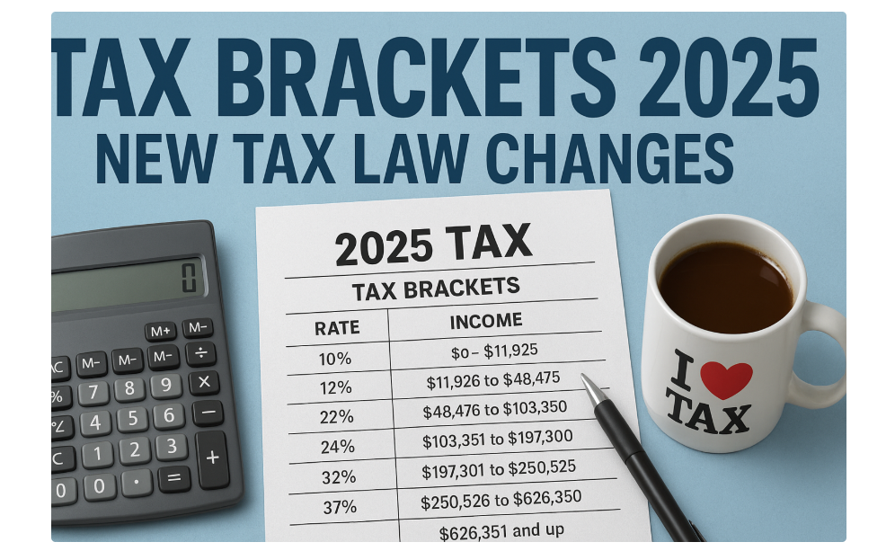 Cartoon tax consultant with coffee and books, illustrating tax brackets 2025 changes.