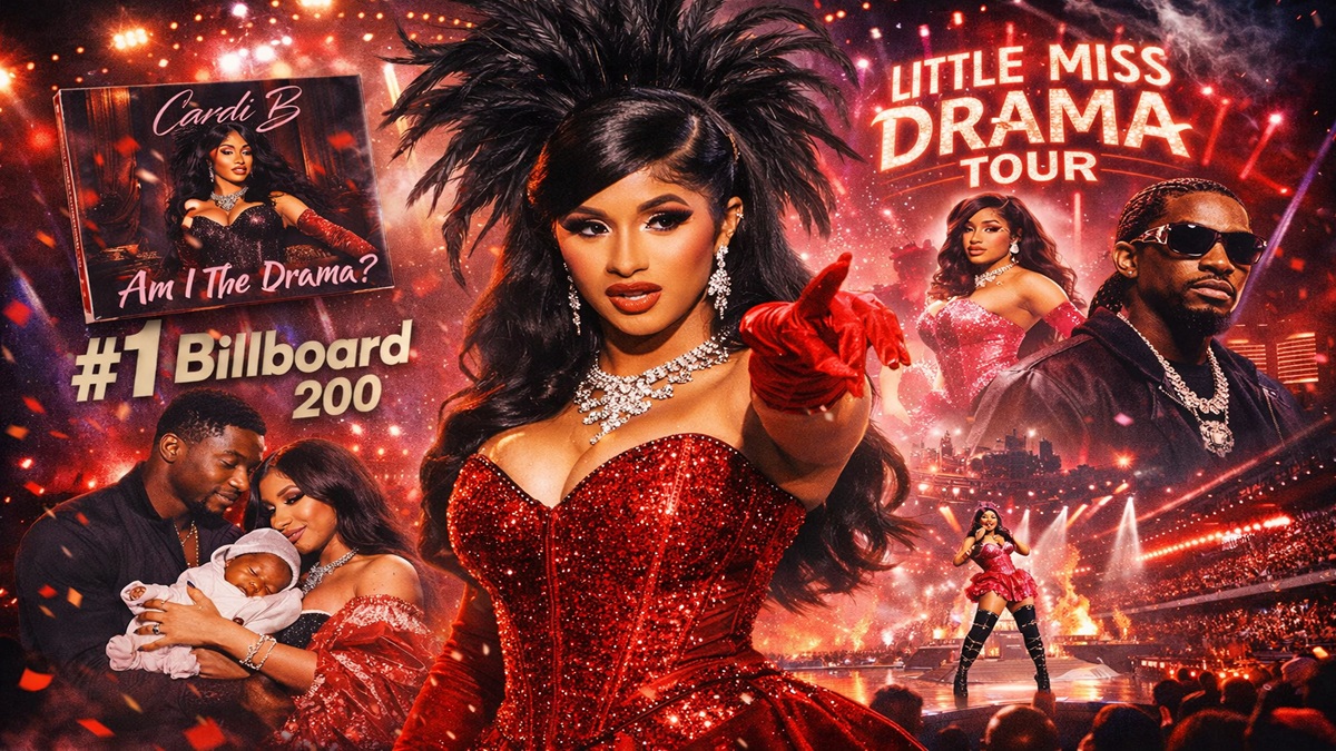 Cardi B album Am I The Drama and Little Miss Drama Tour promotional image with glamorous stage theme