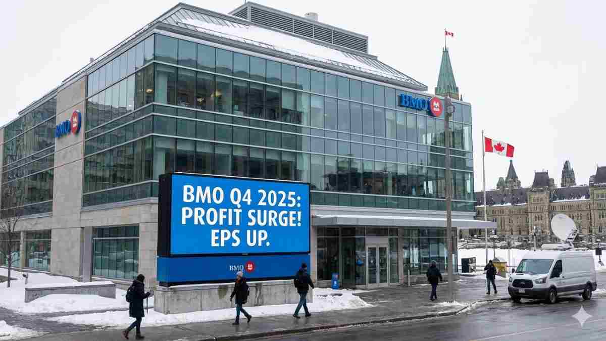 BMO (Bank of Montreal) branch building in Canada (Ottawa). BMO reported a surge in profit and earnings per share for Q4 2025.