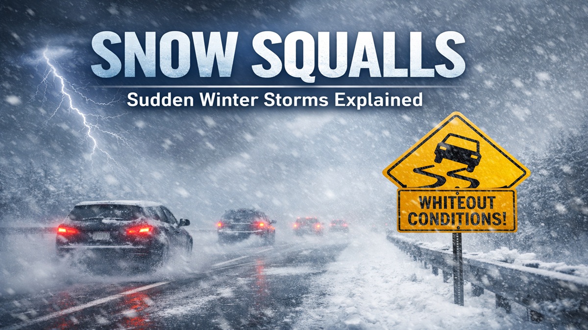 Snow squall on highway with cars driving in whiteout winter storm conditions