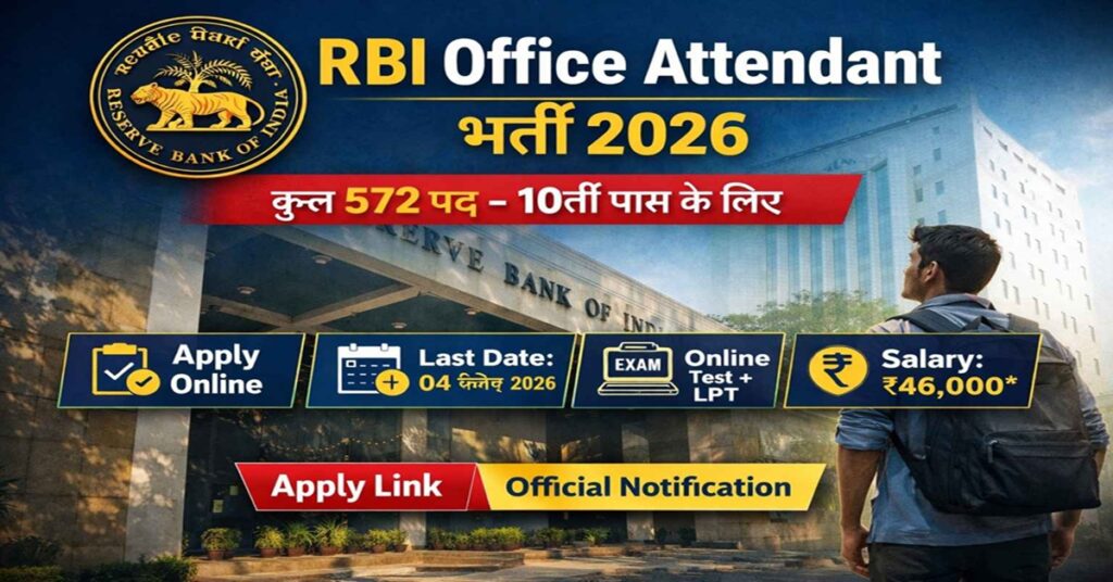 RBI Office Attendant Recruitment 2026 feature image showing 572 vacancies, apply online, exam pattern and salary details